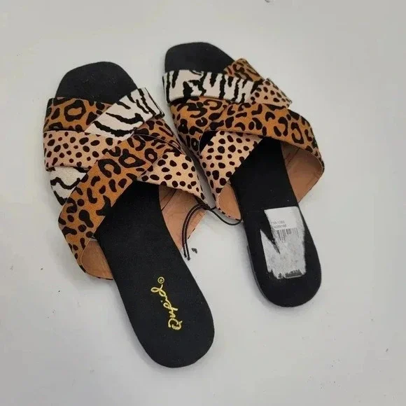 New Qupid Ladies Animal Print Leopard Sandals Slide On Sz 8 Shoes Brown Black - Picture 9 of 9